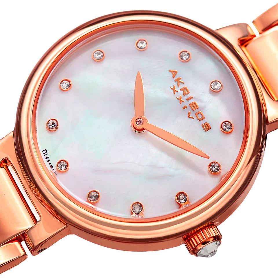 Akribos XXIV Rose Gold Tone Case on Rose Gold Bracelet, White Mother of Pearl Dial with Rose Gold Tone Hands