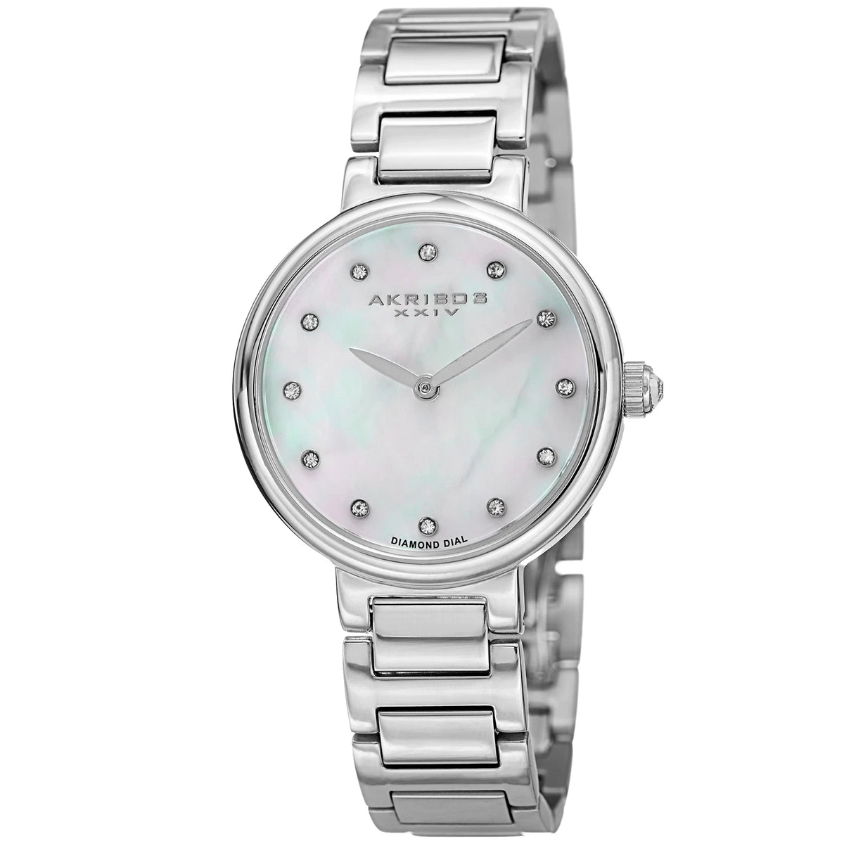 Akribos XXIV Silver Tone Case on Silver Bracelet, White Mother of Pearl Dial with Silver Tone Hands