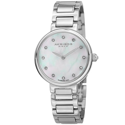 Akribos XXIV Silver Tone Case on Silver Bracelet, White Mother of Pearl Dial with Silver Tone Hands