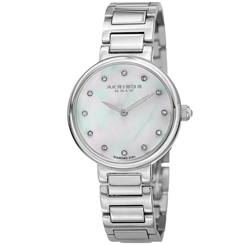 Akribos XXIV Silver Tone Case on Silver Bracelet, White Mother of Pearl Dial with Silver Tone Hands