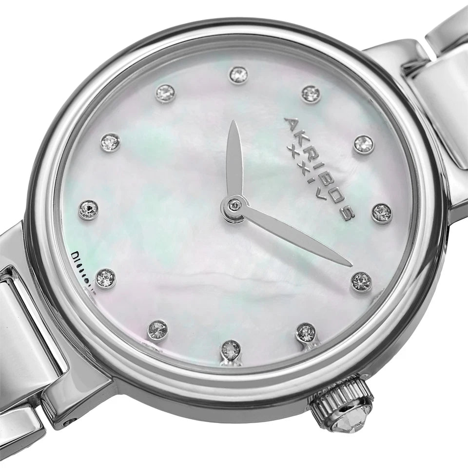 Akribos XXIV Silver Tone Case on Silver Bracelet, White Mother of Pearl Dial with Silver Tone Hands