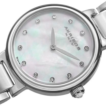 Akribos XXIV Silver Tone Case on Silver Bracelet, White Mother of Pearl Dial with Silver Tone Hands