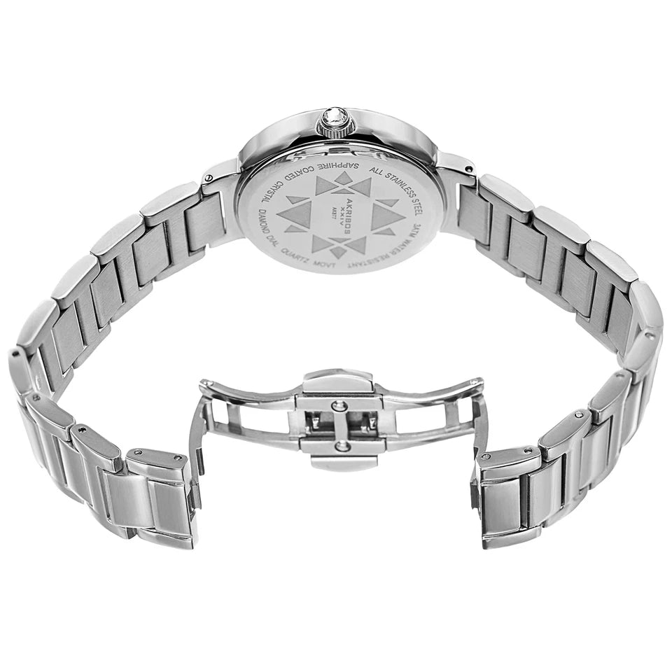 Akribos XXIV Silver Tone Case on Silver Bracelet, White Mother of Pearl Dial with Silver Tone Hands