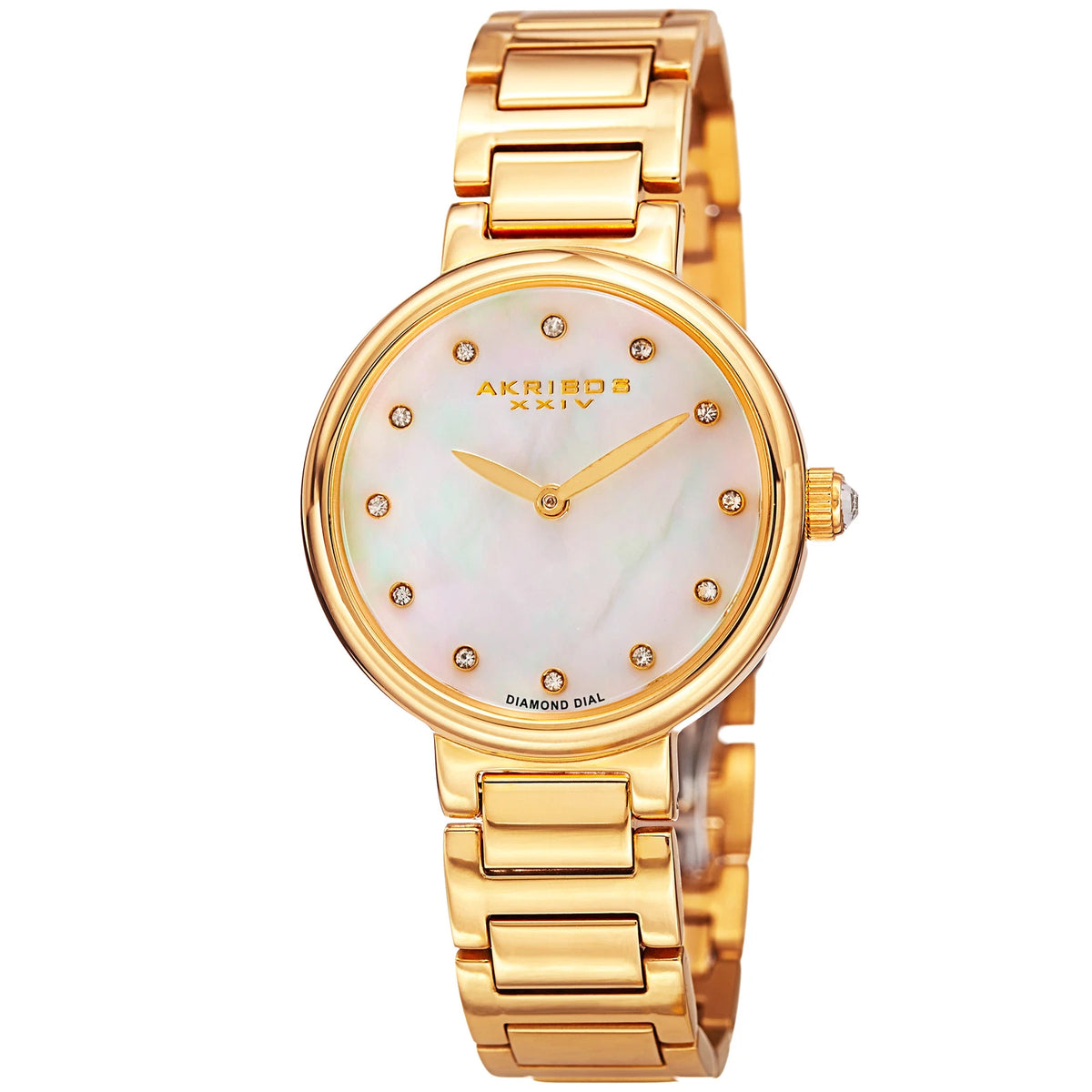 Akribos XXIV Gold Tone Case on Yellow Gold Bracelet, White Mother of Pearl Dial with Gold Tone Hands
