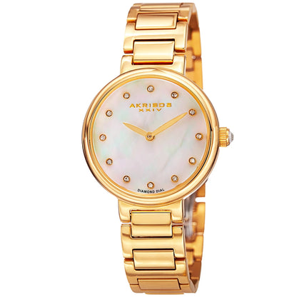 Akribos XXIV Gold Tone Case on Yellow Gold Bracelet, White Mother of Pearl Dial with Gold Tone Hands