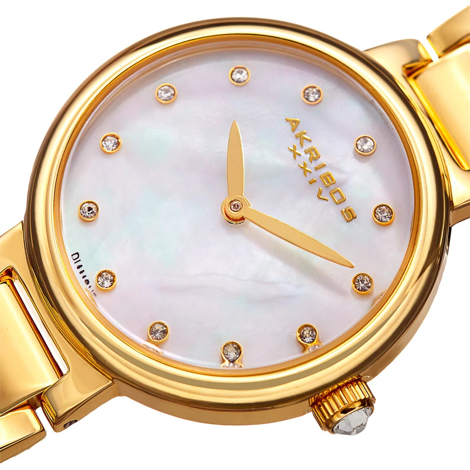 Akribos XXIV Gold Tone Case on Yellow Gold Bracelet, White Mother of Pearl Dial with Gold Tone Hands