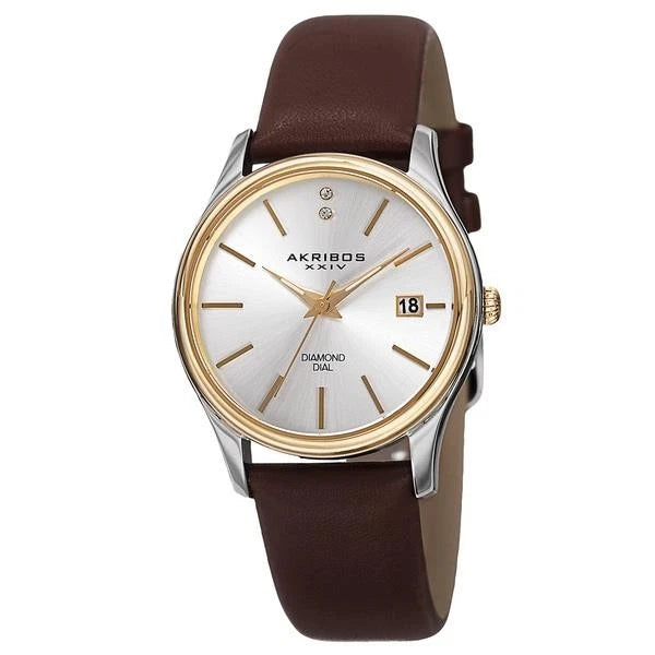 Akribos XXIV Two Tone Case on Brown Strap, Silver Dial with Gold Tone Hands