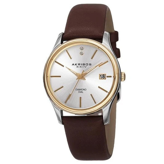 Akribos XXIV Two Tone Case on Brown Strap, Silver Dial with Gold Tone Hands