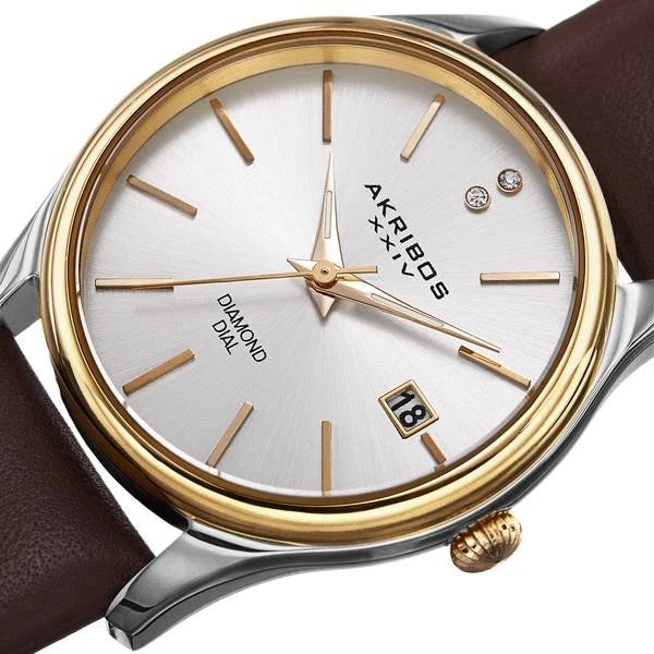 Akribos XXIV Two Tone Case on Brown Strap, Silver Dial with Gold Tone Hands