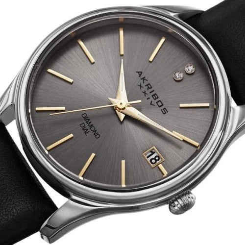 Akribos XXIV Silver Tone Case on Black Strap, Gray Dial with Gold Tone Hands