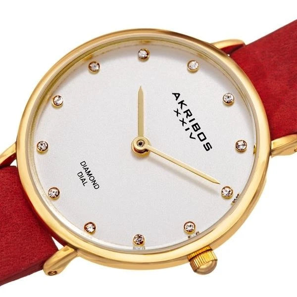 Akribos XXIV Gold Tone Case on Red Strap, Silver Dial with Gold Tone Hands