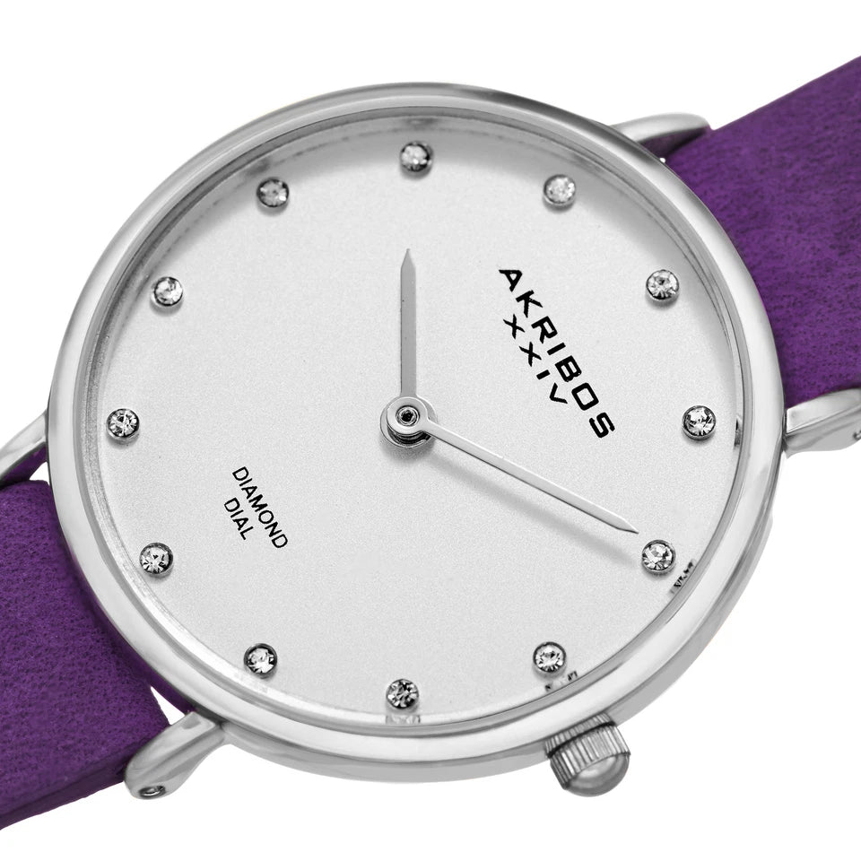 Akribos XXIV Silver Tone Case on Purple Strap, Silver Dial with Silver Tone Hands
