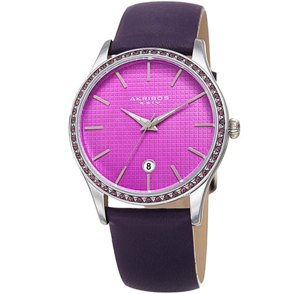 Akribos XXIV Silver Round Case Watch on Purple Leather Band with Purple Dial