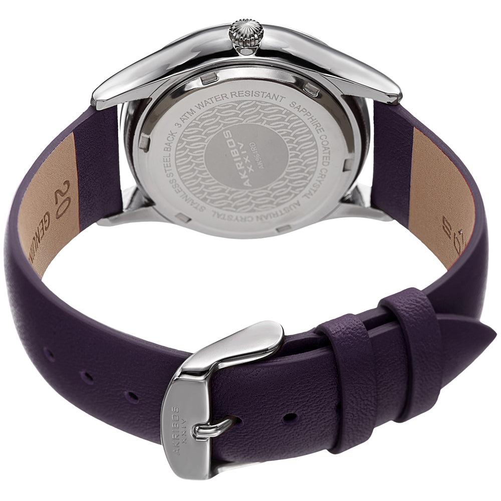 Akribos XXIV Silver Round Case Watch on Purple Leather Band with Purple Dial