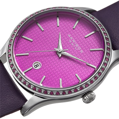 Akribos XXIV Silver Round Case Watch on Purple Leather Band with Purple Dial