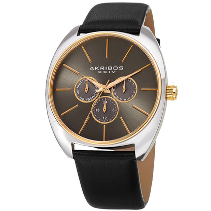 Akribos XXIV Two Tone Ion Plated Stainess Steel Case on Black Genuine Leather Strap, Gun Dial with Gold Tone Hands