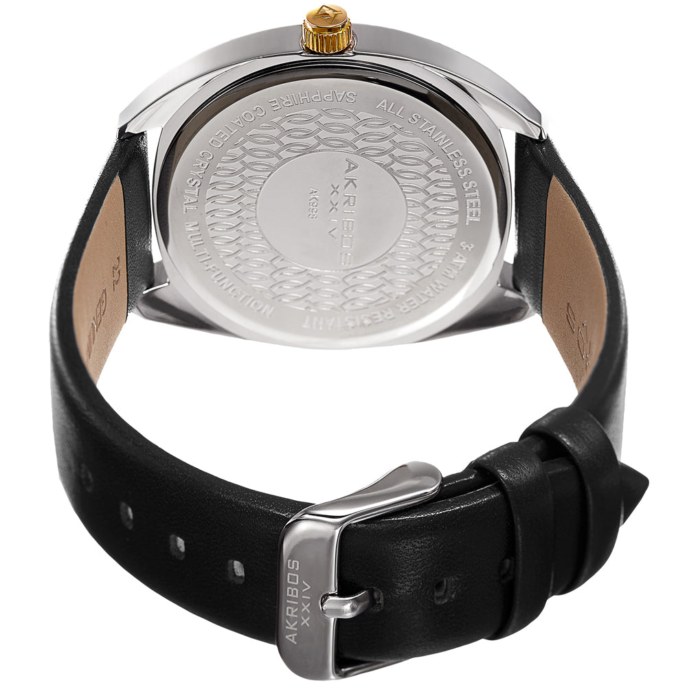 Akribos XXIV Two Tone Ion Plated Stainess Steel Case on Black Genuine Leather Strap, Gun Dial with Gold Tone Hands