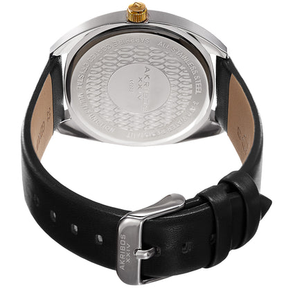 Akribos XXIV Two Tone Ion Plated Stainess Steel Case on Black Genuine Leather Strap, Gun Dial with Gold Tone Hands