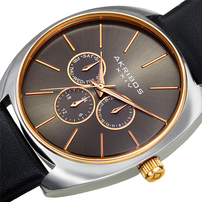 Akribos XXIV Two Tone Ion Plated Stainess Steel Case on Black Genuine Leather Strap, Gun Dial with Gold Tone Hands