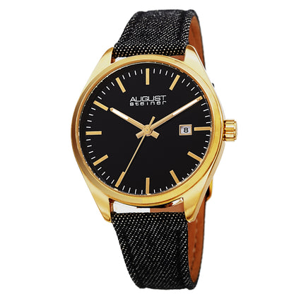 Akribos XXIV Gold Tone Case on Black Denim Strap, Black Dial with Gold Tone Hands
