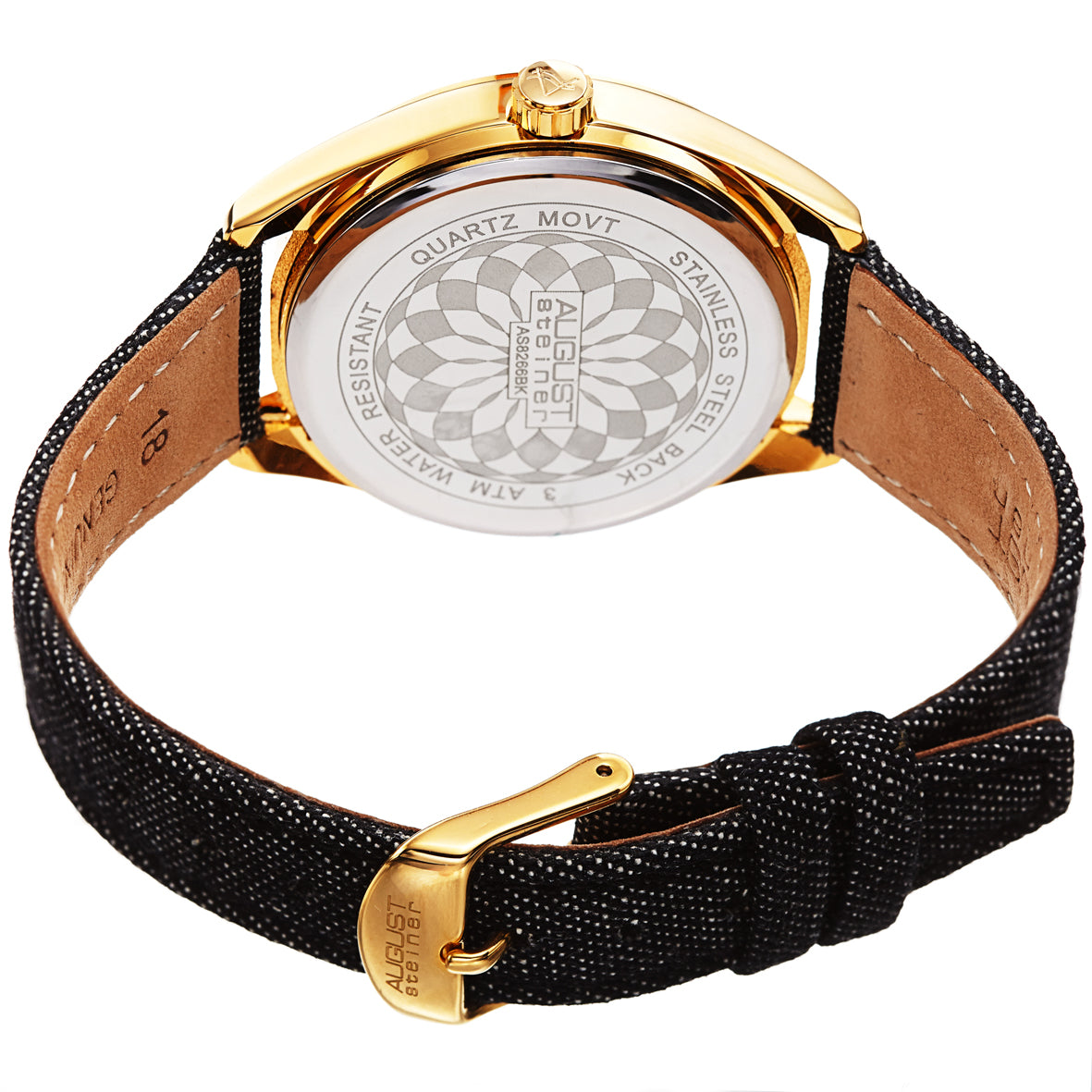 Akribos XXIV Gold Tone Case on Black Denim Strap, Black Dial with Gold Tone Hands