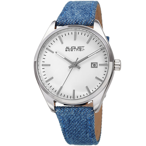 Akribos XXIV Silver Tone Case on Denim Strap, White Dial with Silver Tone Hands