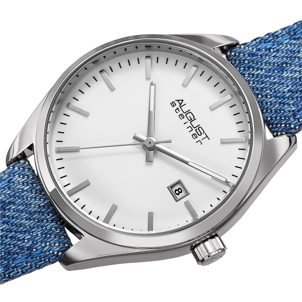 Akribos XXIV Silver Tone Case on Denim Strap, White Dial with Silver Tone Hands