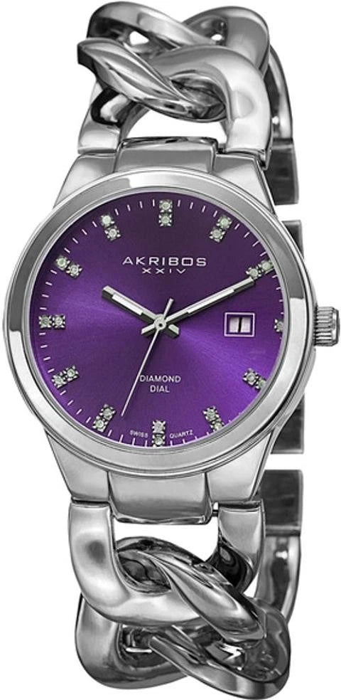 Akribos XXIV Silver Flashed Alloy Case on Silver Chain Style Bracelet, Purple Dial with Silver Tone Hands