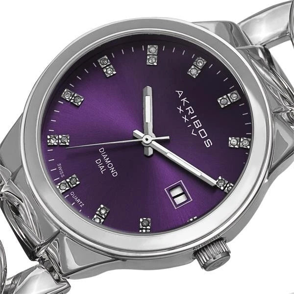 Akribos XXIV Silver Flashed Alloy Case on Silver Chain Style Bracelet, Purple Dial with Silver Tone Hands