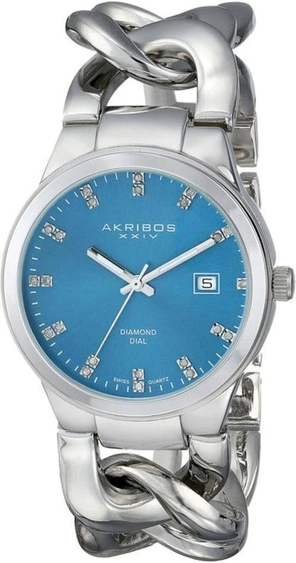 Akribos XXIV Silver Flashed Alloy Case on Silver Chain Style Bracelet, Teal Dial with Silver Tone Hands