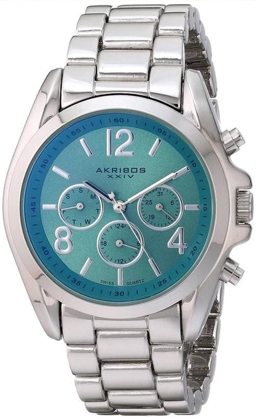 Akribos XXIV Silver Alloy Flashed Case on Silver Bracelet, Green Dial with Silver Tone Hands