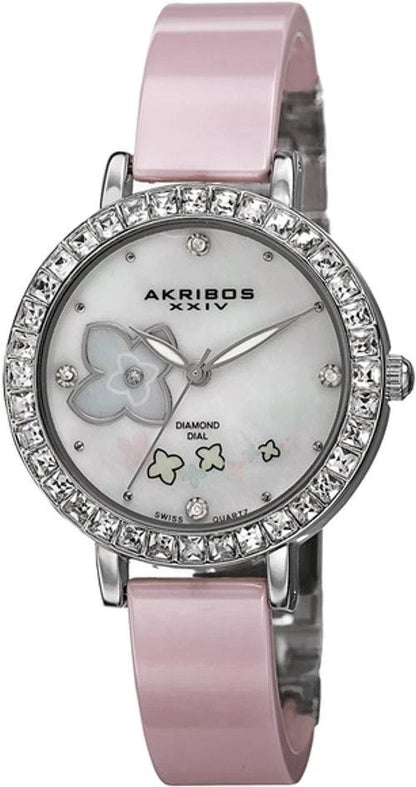 Akribos XXIV Silver Alloy Flashed Case on Pink and Silver Bangle, White mother of Pearl Dial with Silver Tone Hands