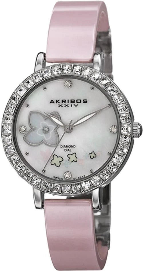 Akribos XXIV Silver Alloy Flashed Case on Pink and Silver Bangle, White mother of Pearl Dial with Silver Tone Hands
