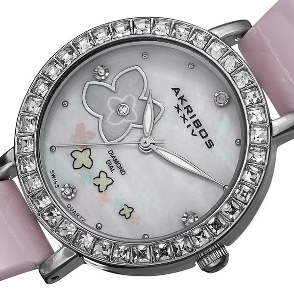 Akribos XXIV Silver Alloy Flashed Case on Pink and Silver Bangle, White mother of Pearl Dial with Silver Tone Hands