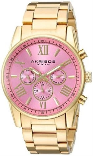 Akribos XXIV Gold Tone Case on Gold Tone Bracelet, Pink Dial with Gold Tone Hands