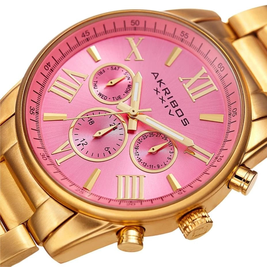 Akribos XXIV Gold Tone Case on Gold Tone Bracelet, Pink Dial with Gold Tone Hands