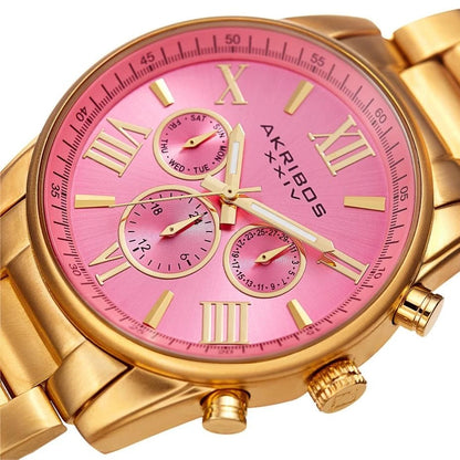 Akribos XXIV Gold Tone Case on Gold Tone Bracelet, Pink Dial with Gold Tone Hands