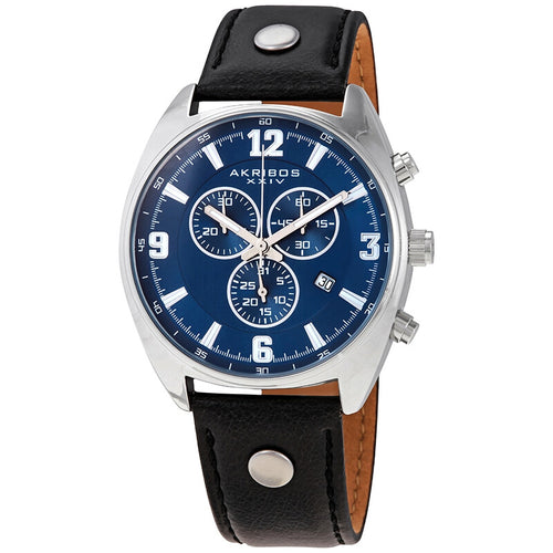 Akribos XXIV Silver Cushion Case Chronograph Watch on Black Leather Band with Blue Dial
