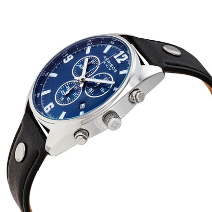 Akribos XXIV Silver Cushion Case Chronograph Watch on Black Leather Band with Blue Dial