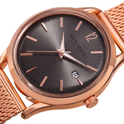 Akribos XXIV Rose Gold Tone Case on Rose Gold Tone Bracelet, Gray Dial with Rose Gold Tone Hands