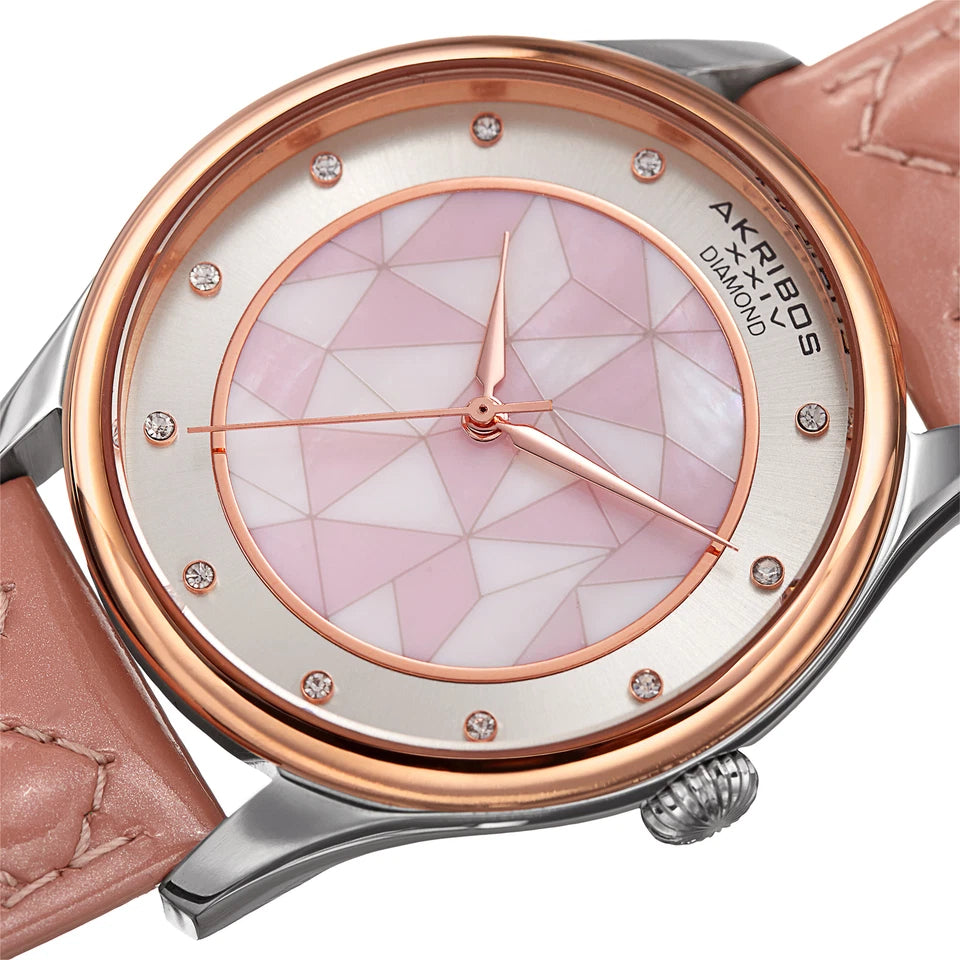 Akribos XXIV Two Tone Case on Mauve Strap, White Mother of Pearl and Silver Dial with Rose Gold Tone Hands