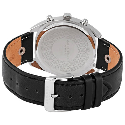 Akribos XXIV Silver Cushion Case Chronograph Watch on Black Leather Band with Blue Dial