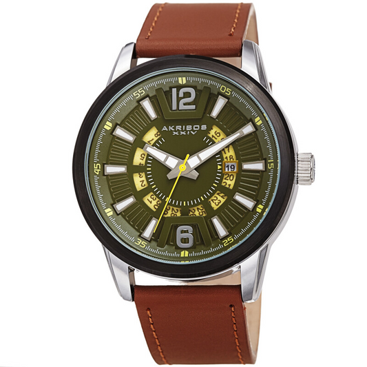 Akribos XXIV Ion Plated Two Tone Gun and Silver Case, Green and Yellow Dial, Brown Strap