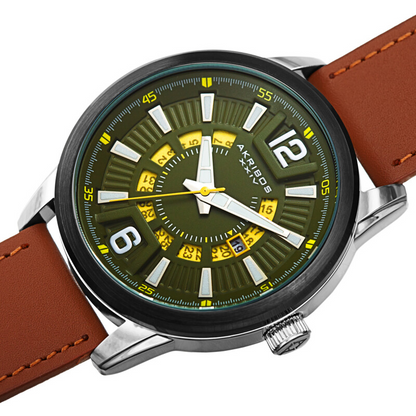 Akribos XXIV Ion Plated Two Tone Gun and Silver Case, Green and Yellow Dial, Brown Strap