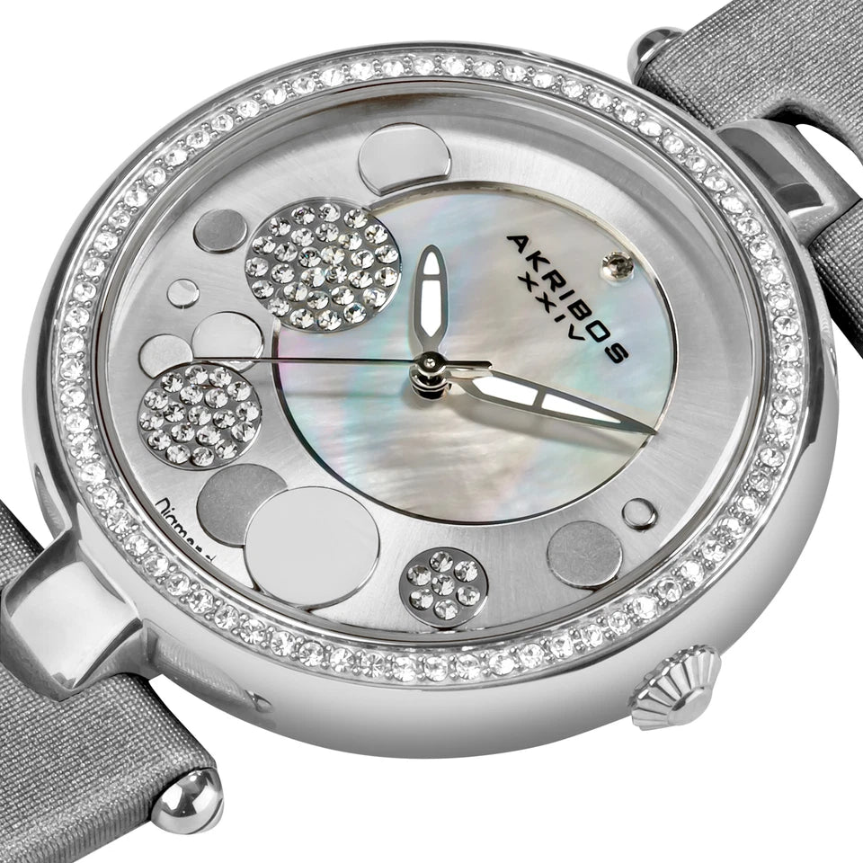Akribos XXIV Silver Ion Plated Alloy Case on Silver Strap, White Mother of Pearl and Silver Dial with Silver Tone Hands