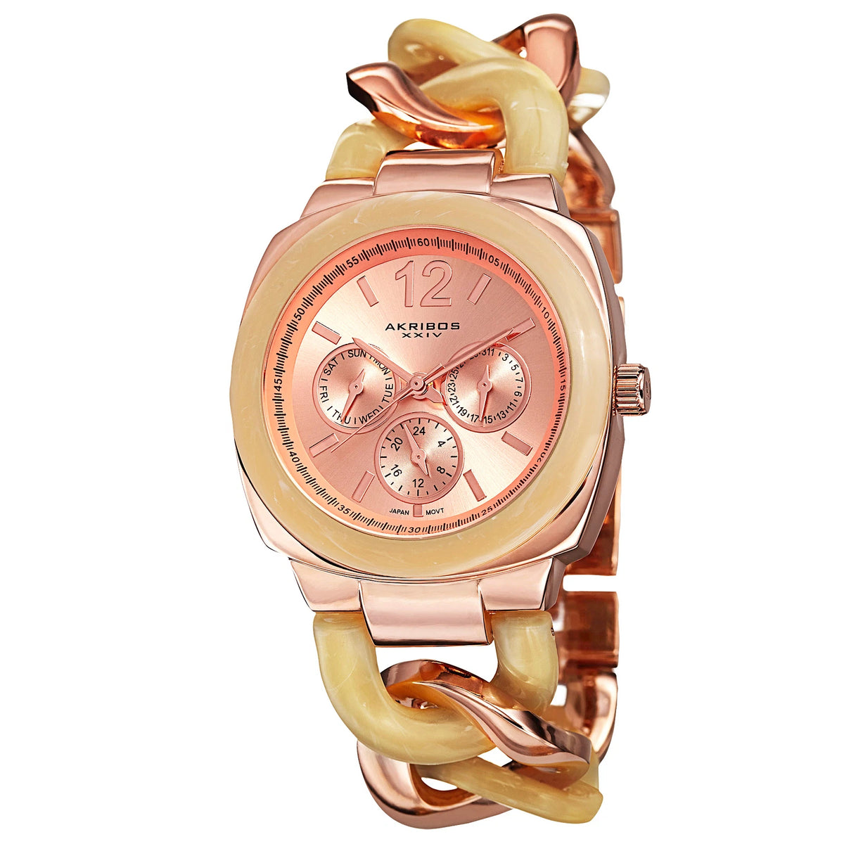 Akribos XXIV Rose Gold Flashed Alloy Case on Rose Gold and Cream Bracelet, Rose Gold Dial with Rose Gold Tone Hands