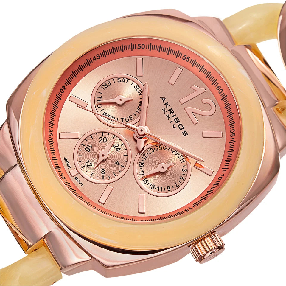 Akribos XXIV Rose Gold Flashed Alloy Case on Rose Gold and Cream Bracelet, Rose Gold Dial with Rose Gold Tone Hands
