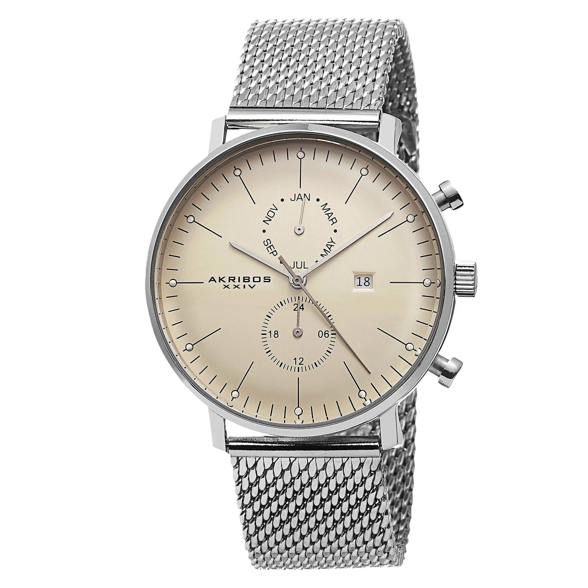 Akribos XXIV Stainless Steel Case on Silver Bracelet, Beige Dial with Silver Tone Hands