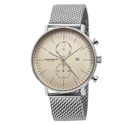 Akribos XXIV Stainless Steel Case on Silver Bracelet, Beige Dial with Silver Tone Hands