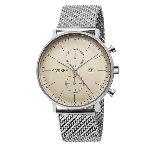 Akribos XXIV Stainless Steel Case on Silver Bracelet, Beige Dial with Silver Tone Hands